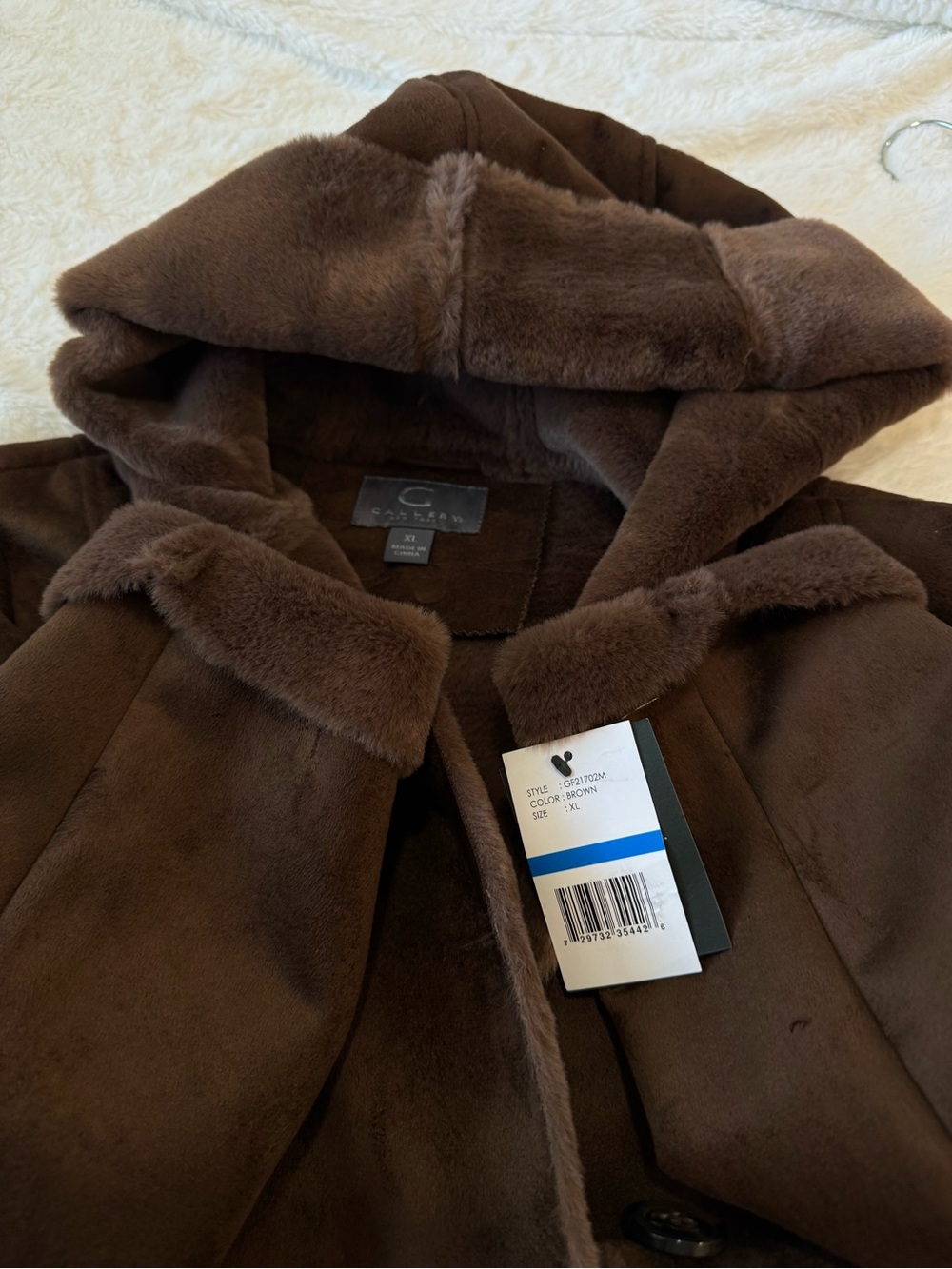 Gallery Faux Suede Faux Shearling Hooded Long Coat Brown XL NWT - Picture 9 of 13